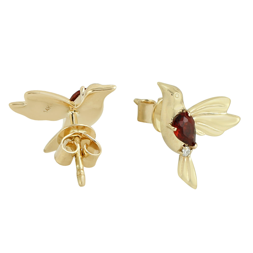 Pear Cut Garnet Pave Diamond In Yellow Gold Humming Bird Earrings For Her