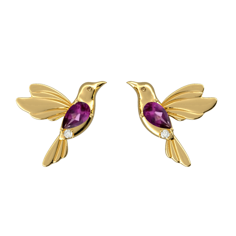 Natural Pear Amethyst Pave Diamond 14K Gold Humming Bird Earrings For Birthday Gifts