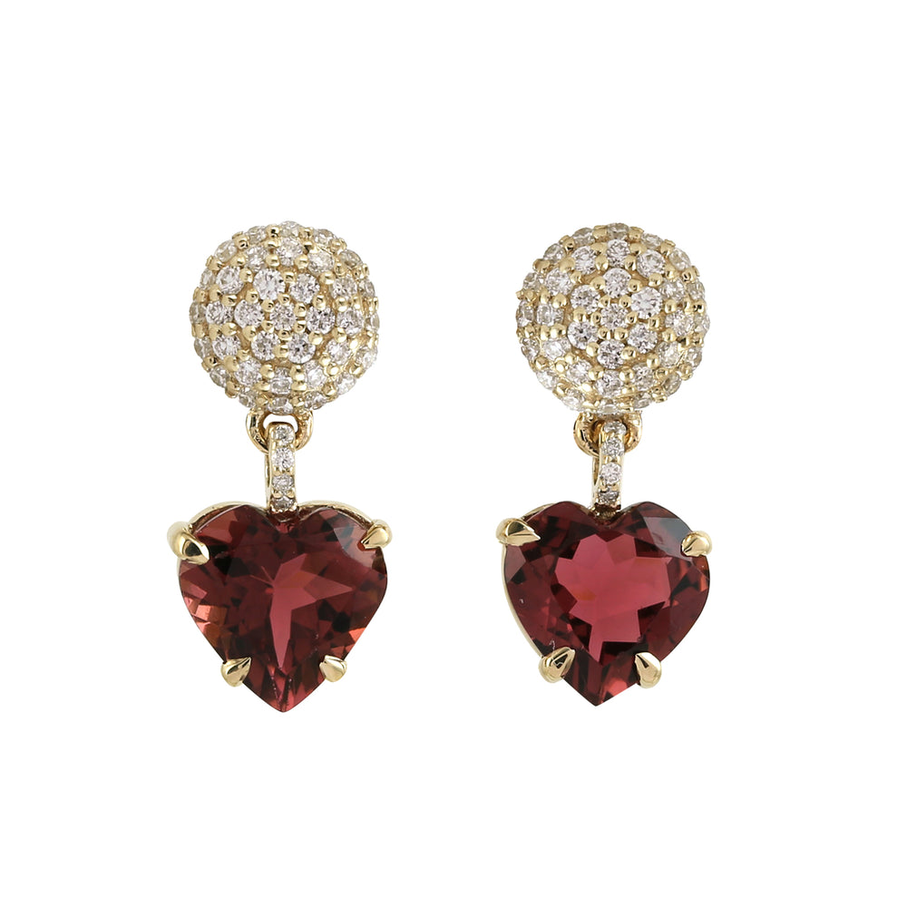 Pink Tourmaline Gemstone Pave Diamond Heart Dangler In 14K Yellow Gold