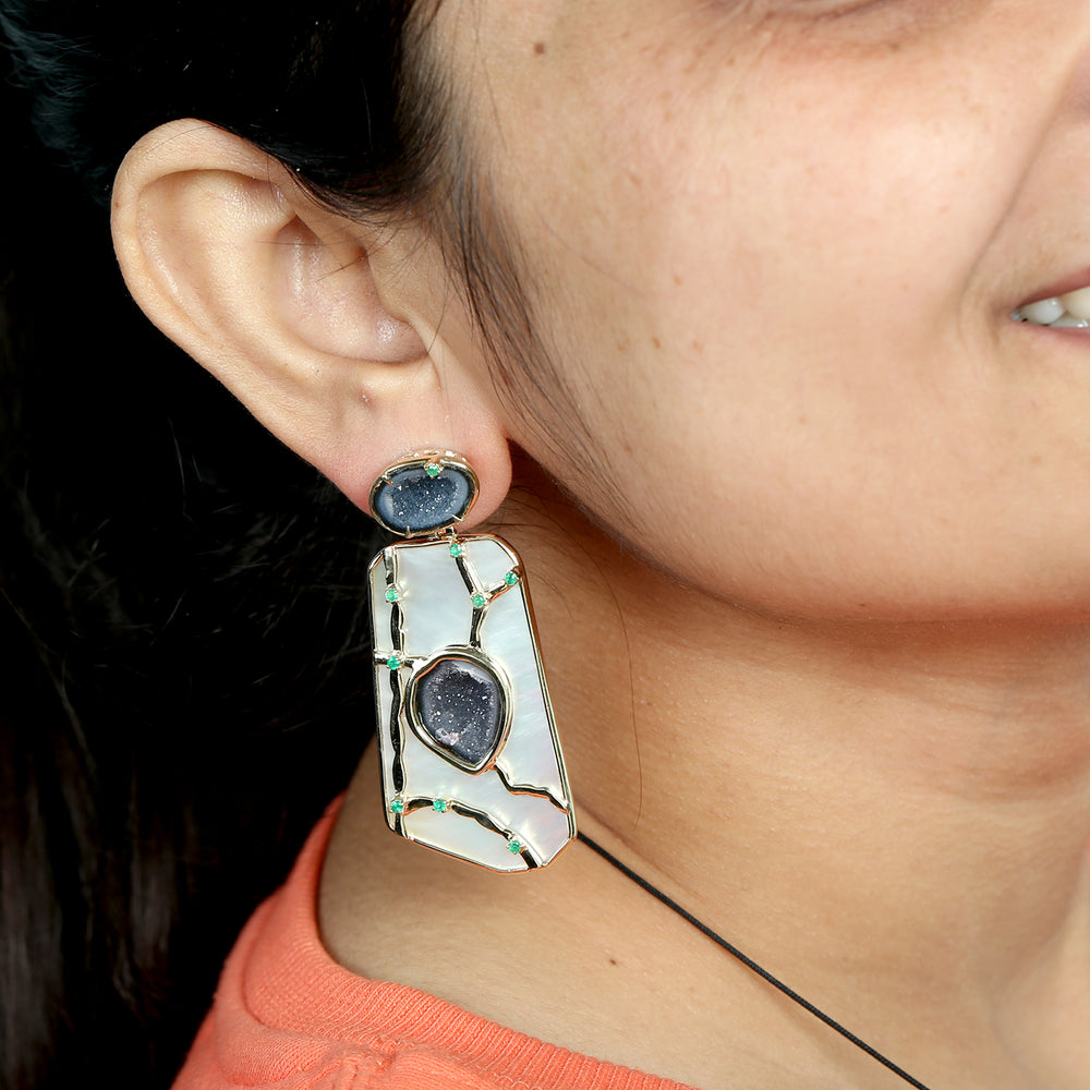 14K Yellow Gold Fancy Cut Mop Prong Geode Emerald Gemstone Dangler Earrings