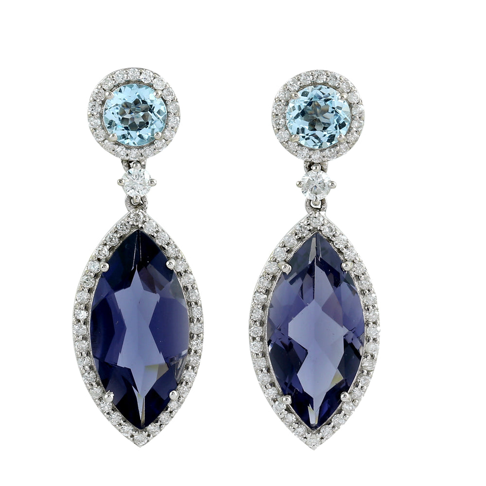 Marquise Iolite Prong Blue Topaz Pave Diamond Beautiful Dangler In White Gold