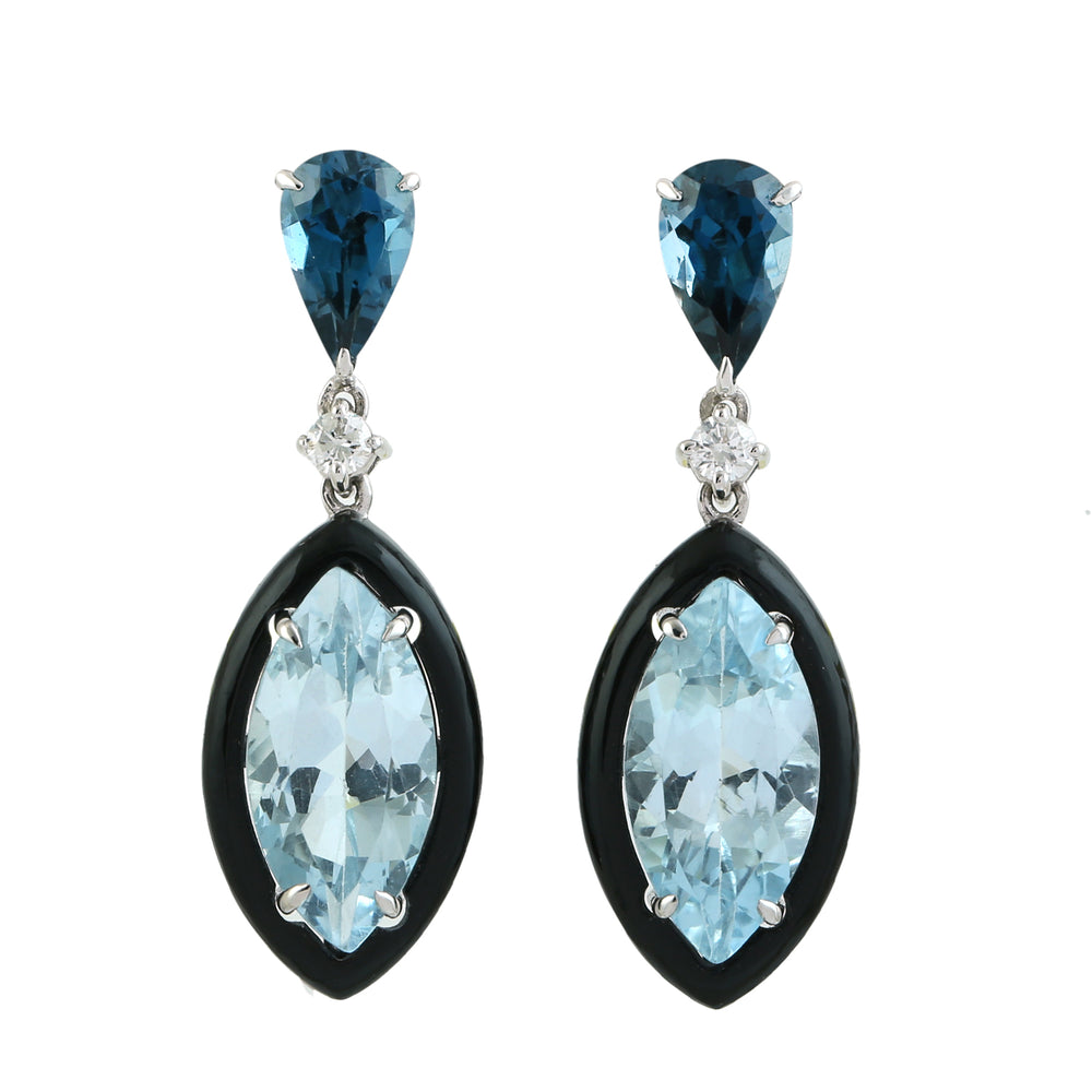 18K White Gold Marquise Blue Topaz Onyx Gemstone Prong Diamond Dangler