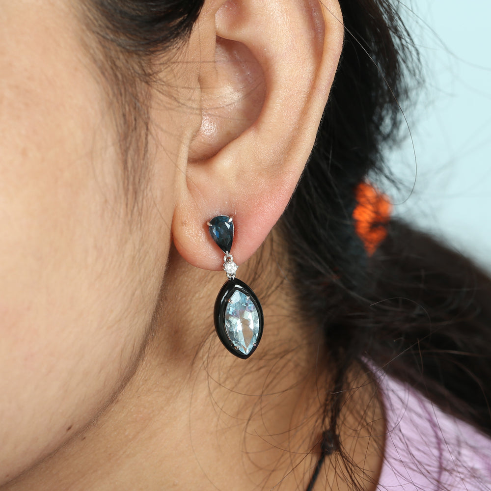 18K White Gold Marquise Blue Topaz Onyx Gemstone Prong Diamond Dangler