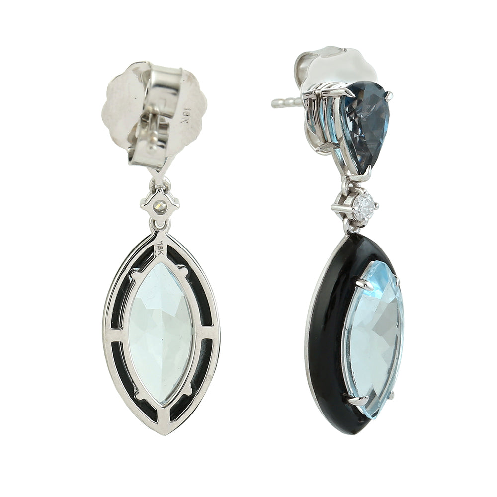 18K White Gold Marquise Blue Topaz Onyx Gemstone Prong Diamond Dangler