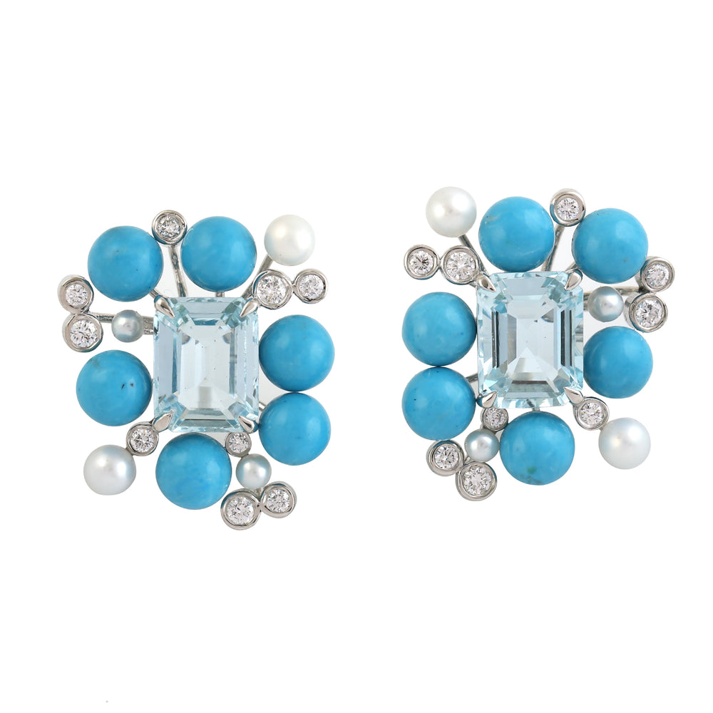 Baguette Aquamarine Round Turquoise Round Pearl Bezel Diamond Stud In White Gold
