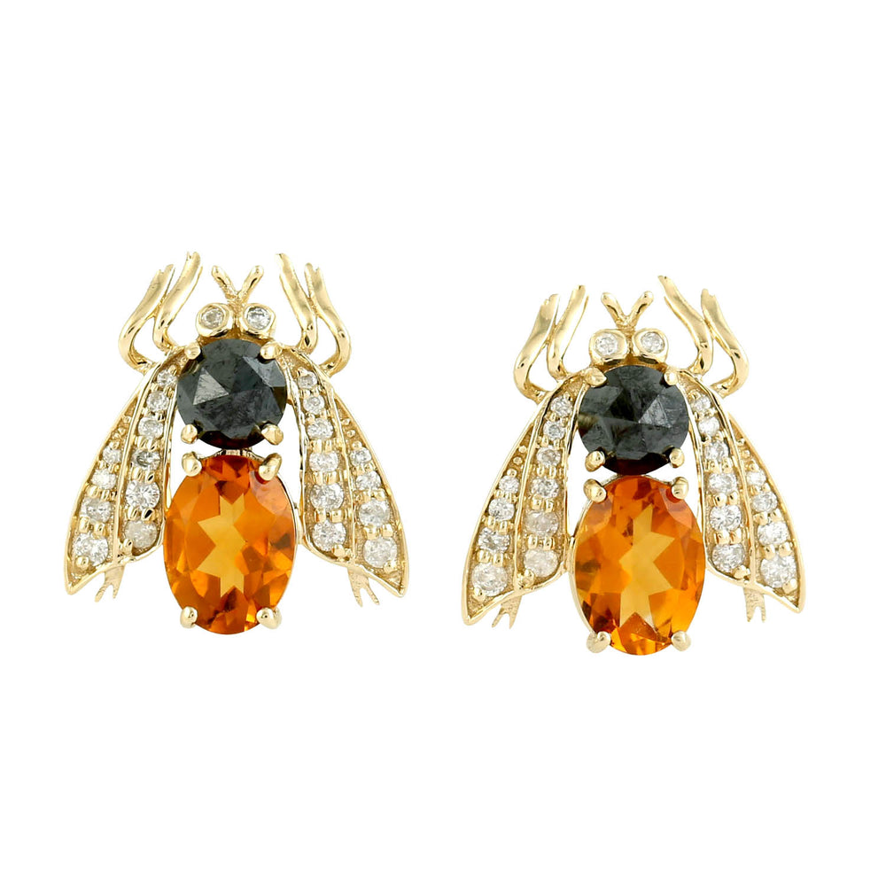 Oval Citrine Round Black Diamond Pave Diamond Insect Stud Earrings In Yellow Gold