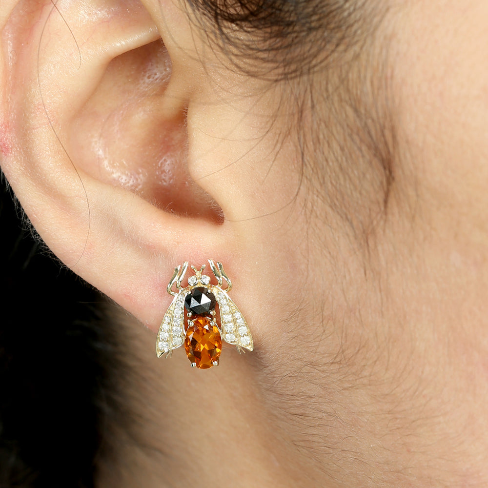 Oval Citrine Round Black Diamond Pave Diamond Insect Stud Earrings In Yellow Gold