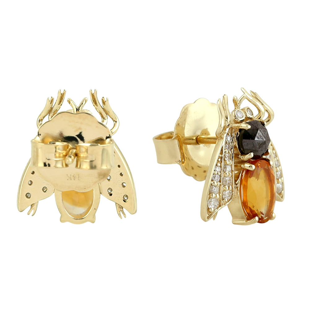 Oval Citrine Round Black Diamond Pave Diamond Insect Stud Earrings In Yellow Gold