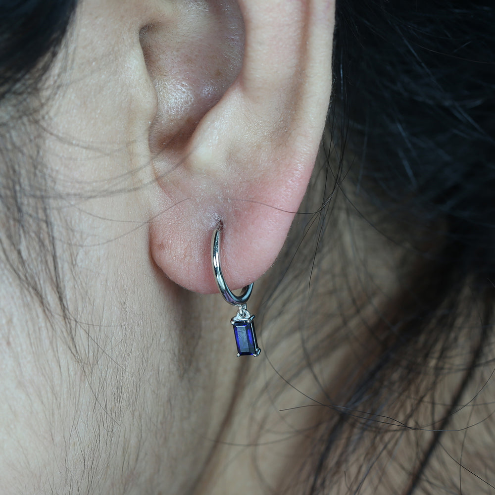 Baguette Cut Blue Sapphire Gemstone Hoop Earrings In 18K White Gold