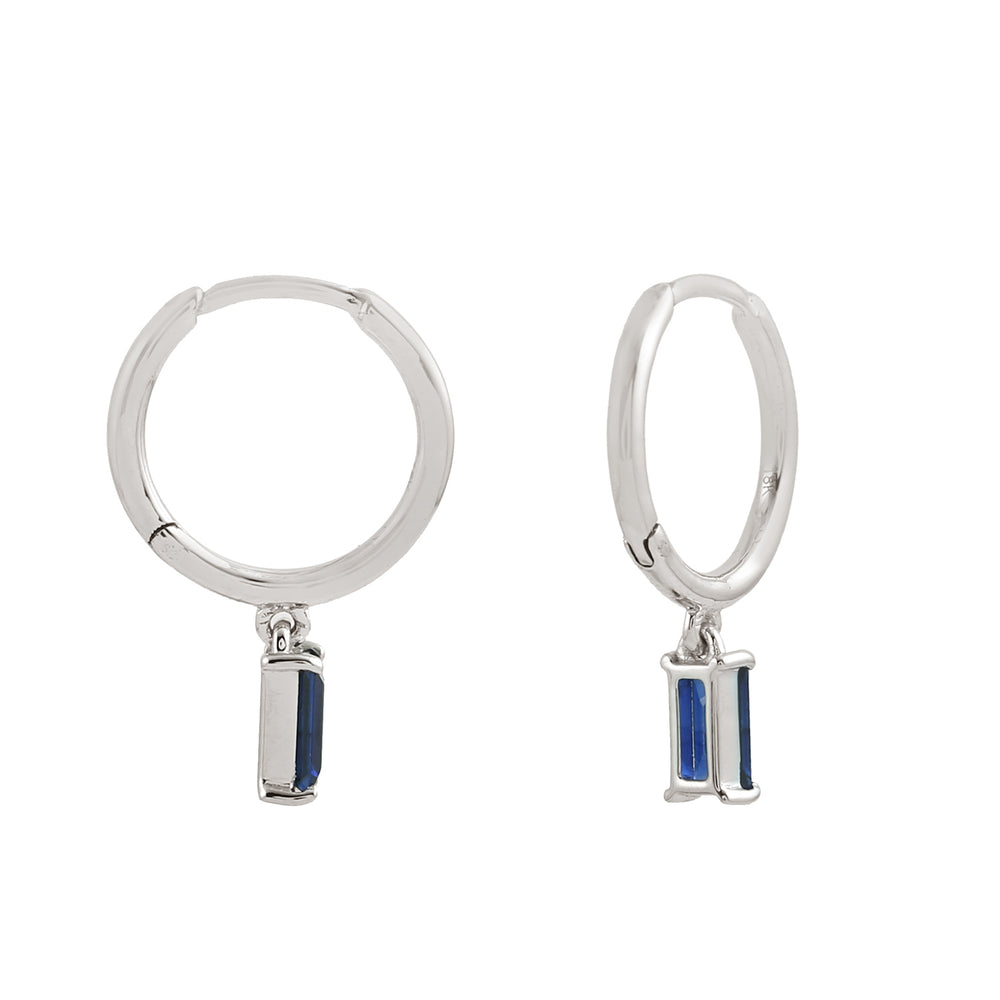 Baguette Cut Blue Sapphire Gemstone Hoop Earrings In 18K White Gold