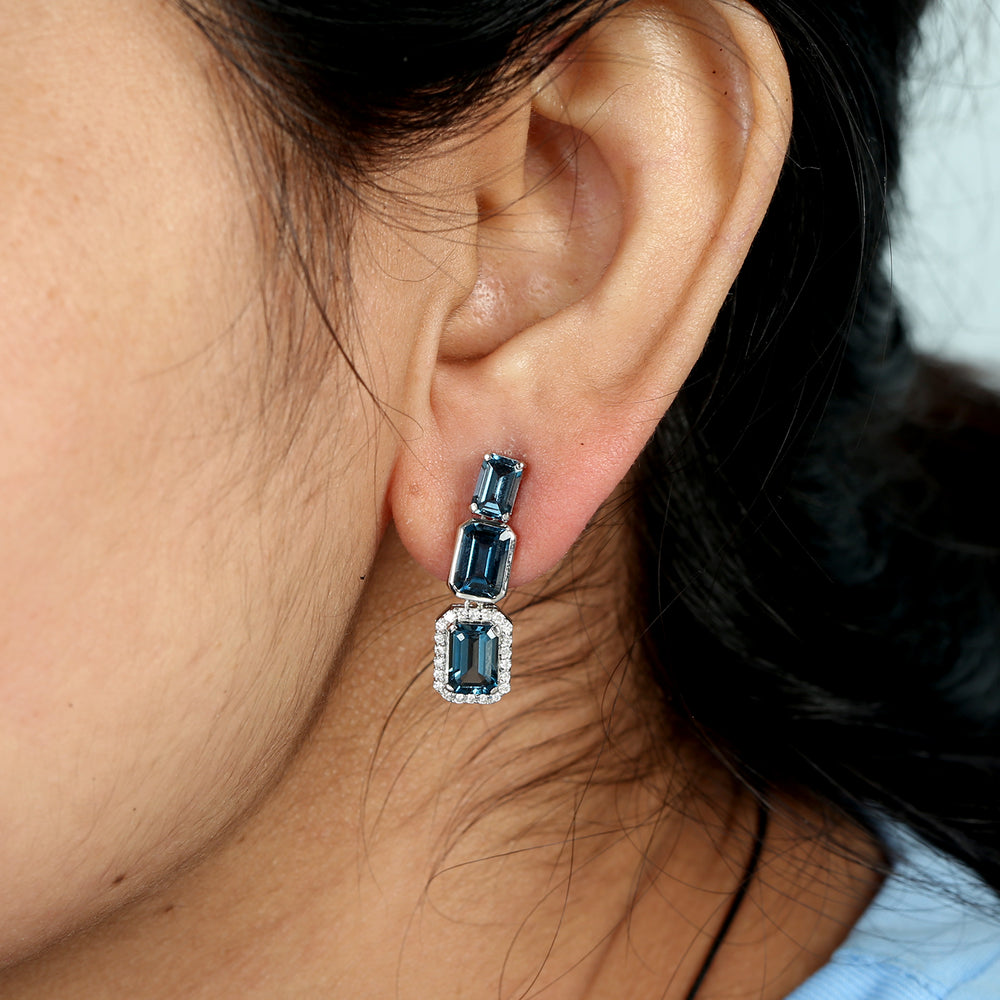 14K White Gold Prong Octagon Cut London Topaz Pave Diamond Classic Dangler