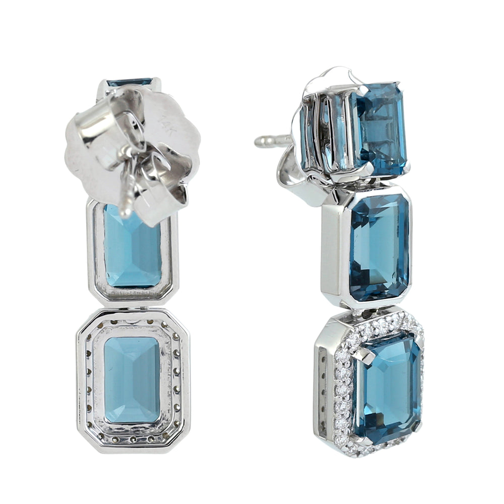 14K White Gold Prong Octagon Cut London Topaz Pave Diamond Classic Dangler