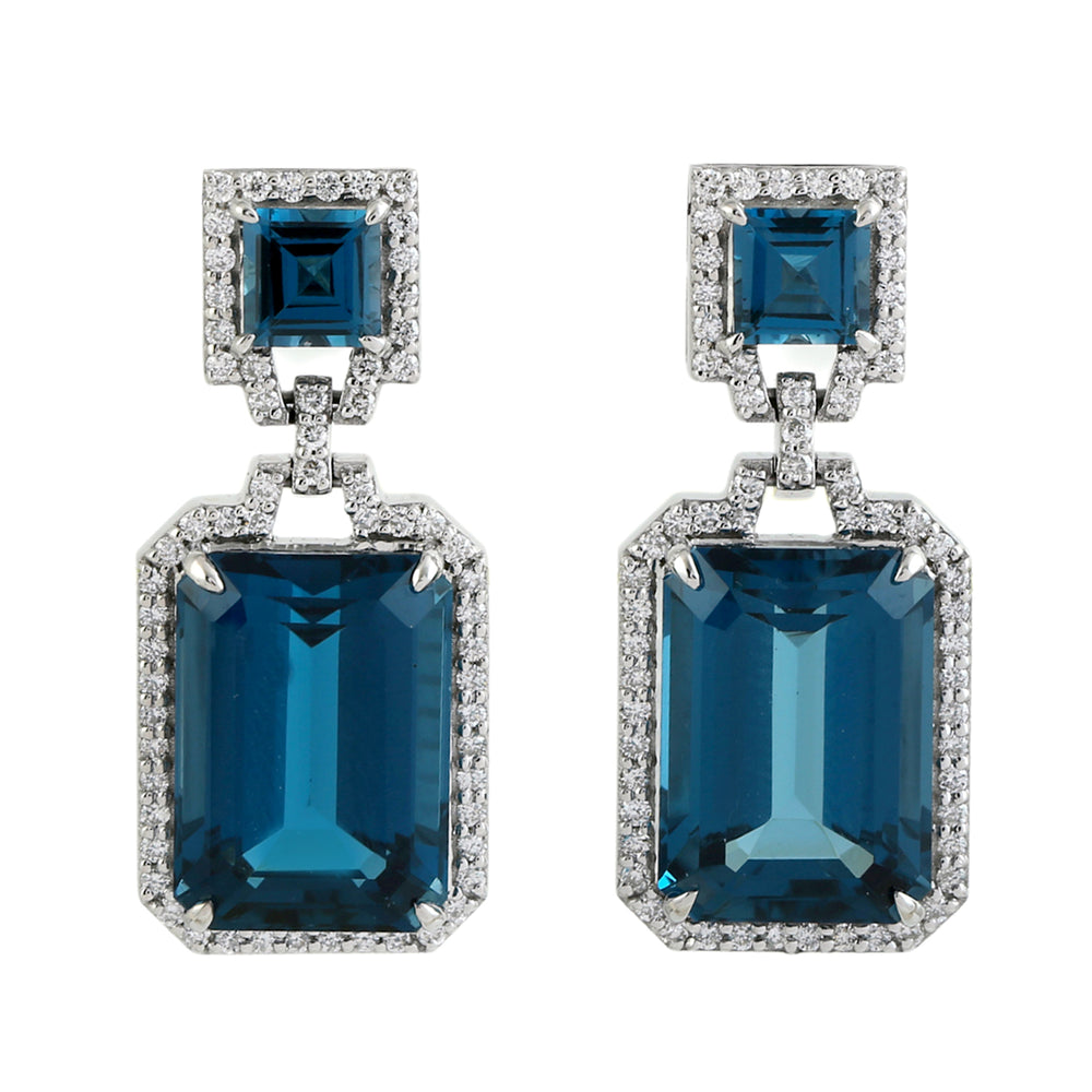 Octagon London Topaz Pave Diamond Beautiful Dangler In 14K White Gold