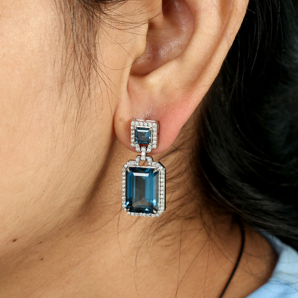 Octagon London Topaz Pave Diamond Beautiful Dangler In 14K White Gold