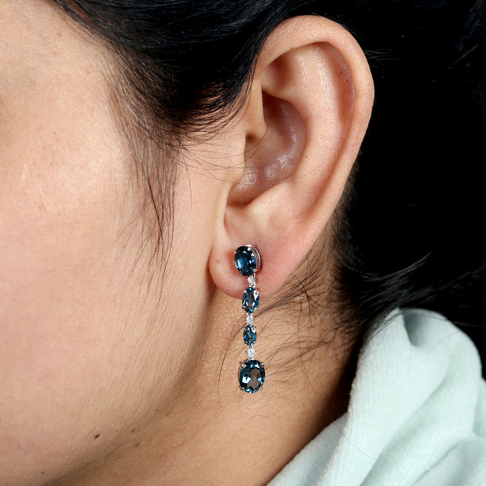 14K White Gold Oval Cut London Topaz Prong Diamond Designer Dangler Earrings