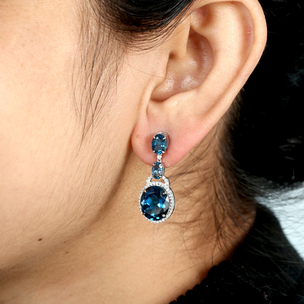 14K White Gold Oval Cut London Topaz Pave Diamond Beautiful  Dangler For Her