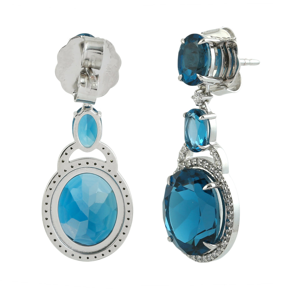 14K White Gold Oval Cut London Topaz Pave Diamond Beautiful  Dangler For Her