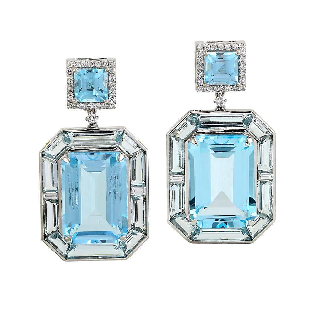 Emerald Cut Blue Topaz and Diamond Drop Earrings in 18K White Gold
