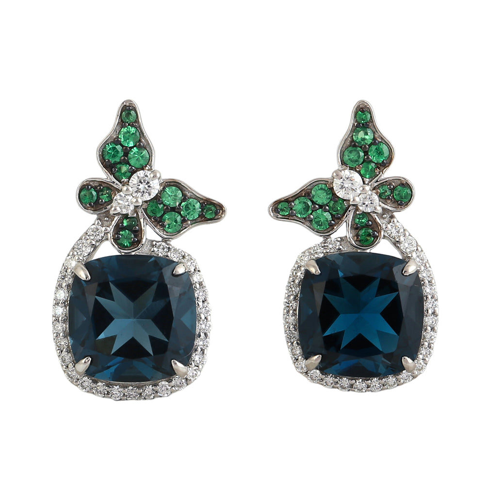 Cushion Cut London Topaz Prong Tsavorite Pave Diamond Butterfly Dangler In White Gold