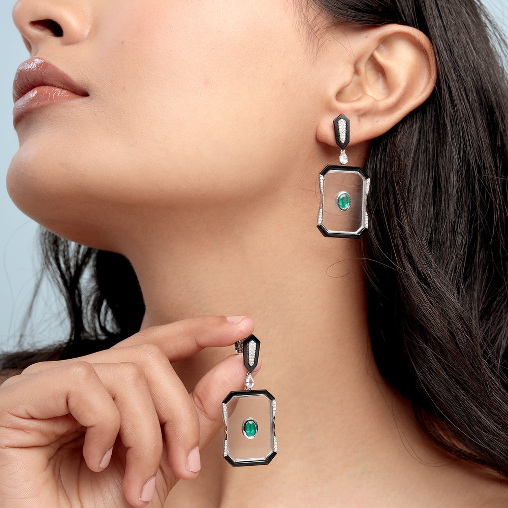 Black Onyx, Crystal Emerald & Diamond Statement Earrings in 18K White Gold
