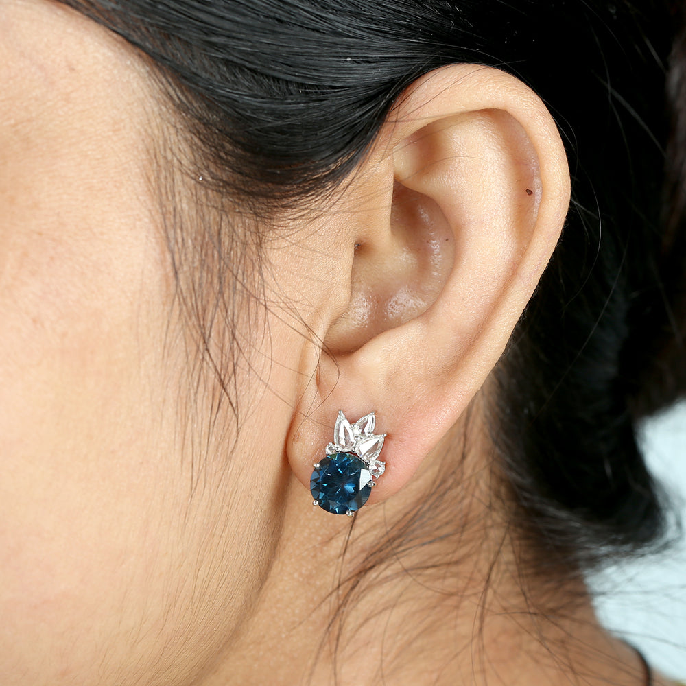 Round Cut London Topaz Rose Cut Diamond Unique Stud Earrings In 14K White Gold