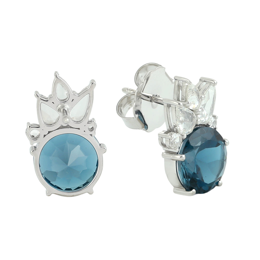Round Cut London Topaz Rose Cut Diamond Unique Stud Earrings In 14K White Gold