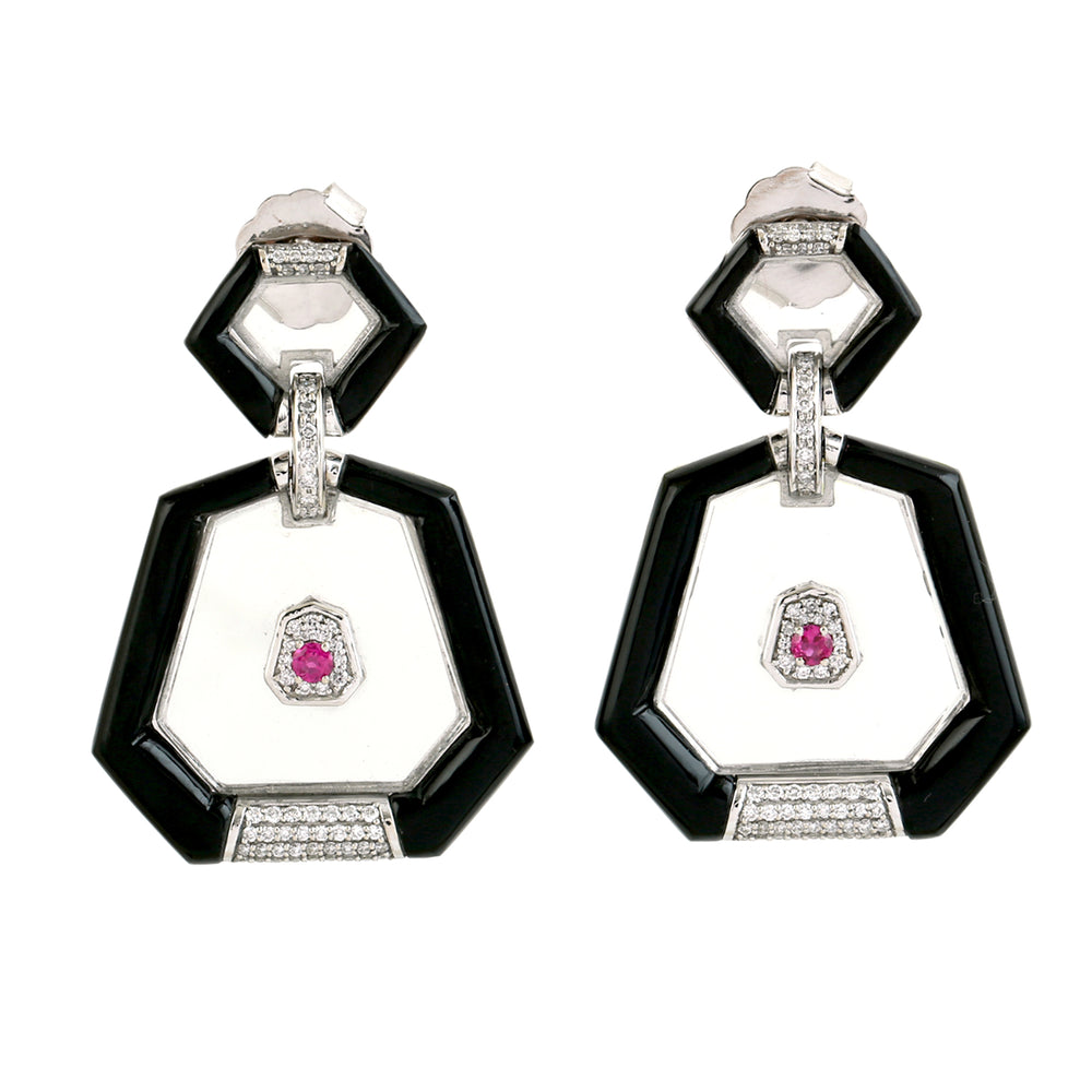 Black Onyx, Crystal ,Ruby & Diamond Art Deco Drop Earrings in 18K White Gold