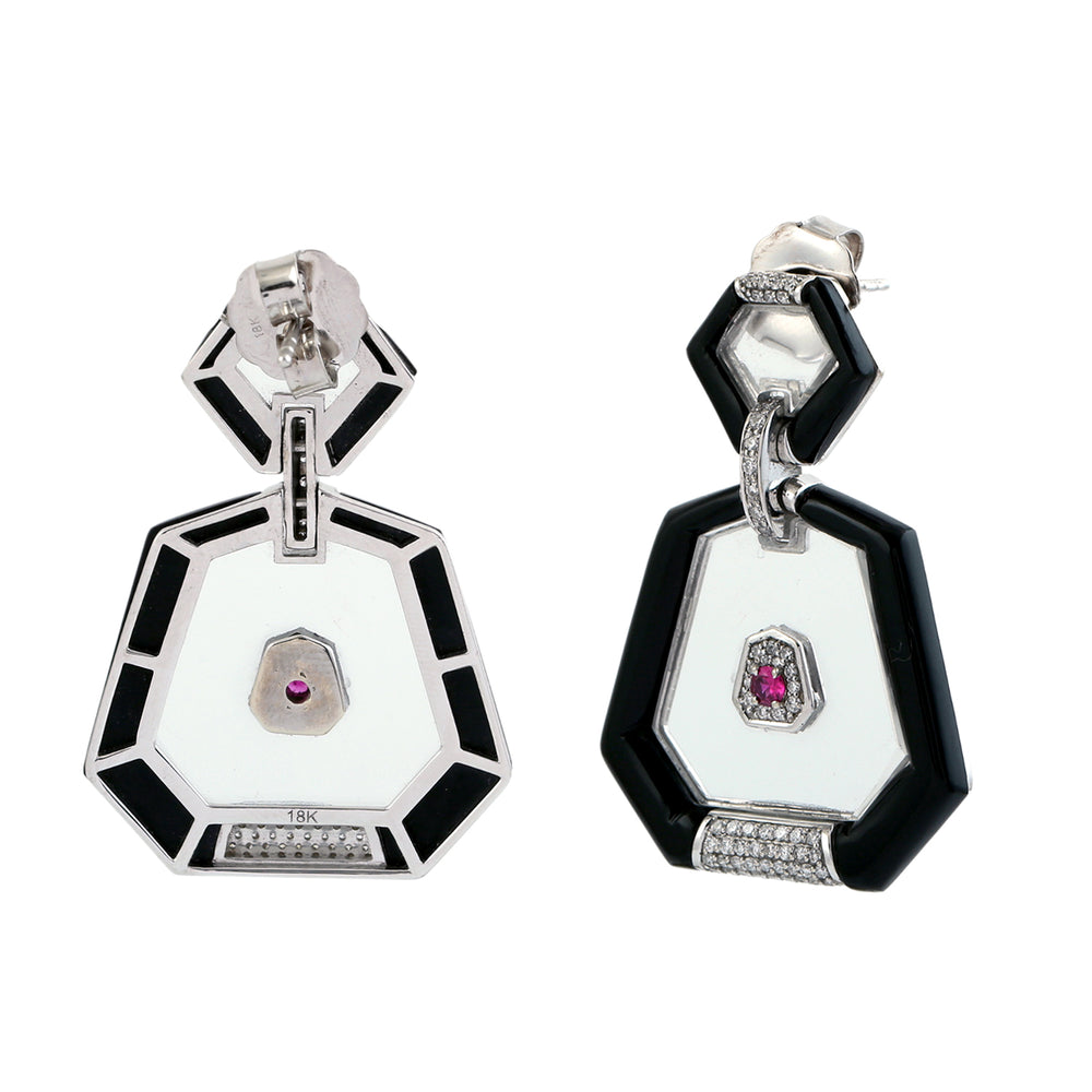 Black Onyx, Crystal ,Ruby & Diamond Art Deco Drop Earrings in 18K White Gold