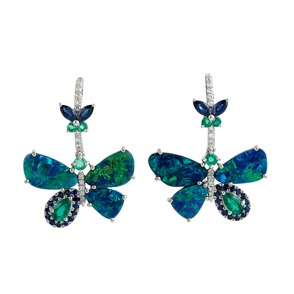 Blue Opal, Sapphire & Emerald Pave Diamond Butterfly Earrings in 14K White Gold