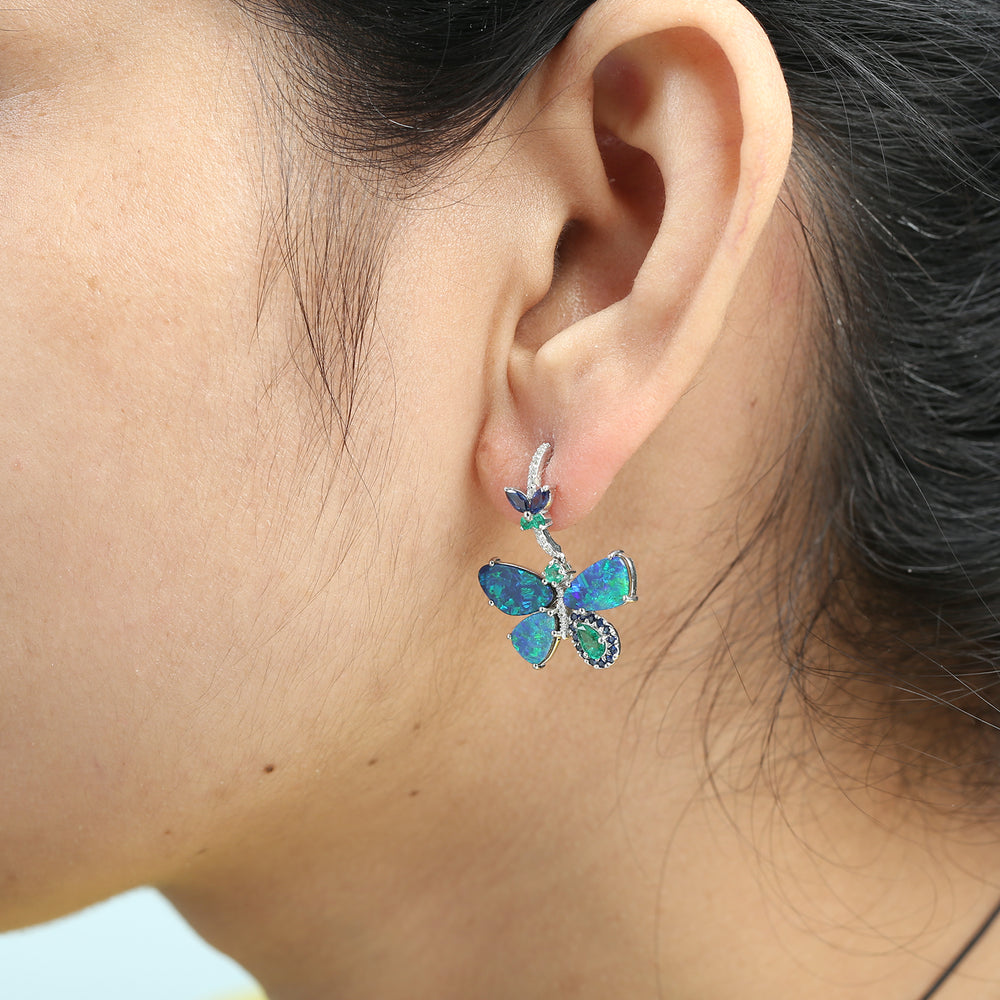 Blue Opal, Sapphire & Emerald Pave Diamond Butterfly Earrings in 14K White Gold