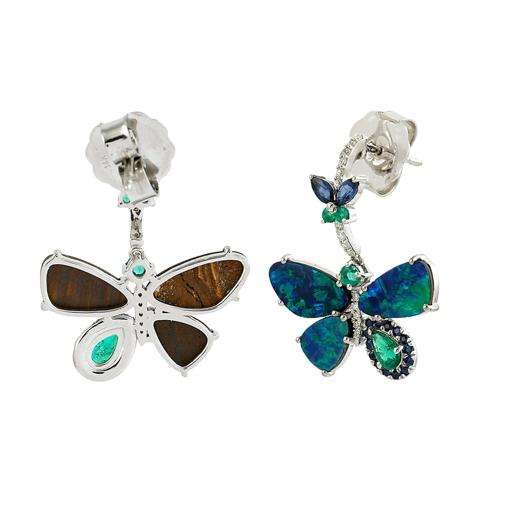 Blue Opal, Sapphire & Emerald Pave Diamond Butterfly Earrings in 14K White Gold