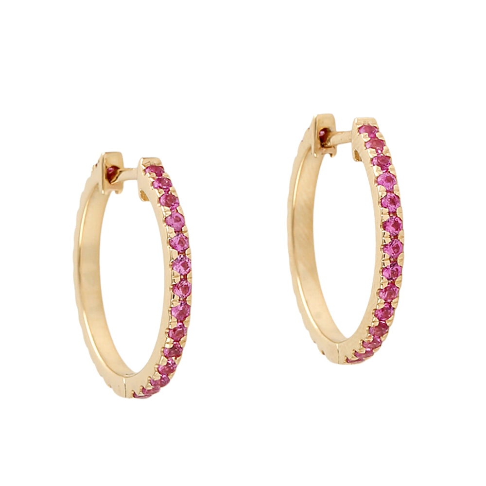 Pink Sapphire Gemstone Pave Hoop Earrings in 18K Yellow Gold