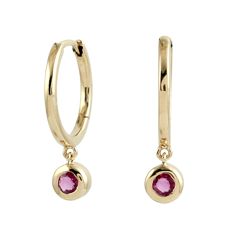 Pink Sapphire Bezel Drop Hoop Earrings in 18K Yellow Gold