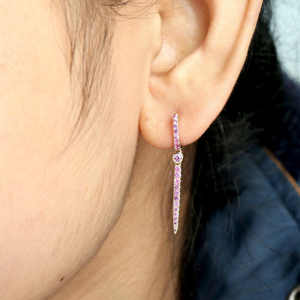Pink Sapphire Spike Drop Huggie Earrings in 14K Yellow Gold