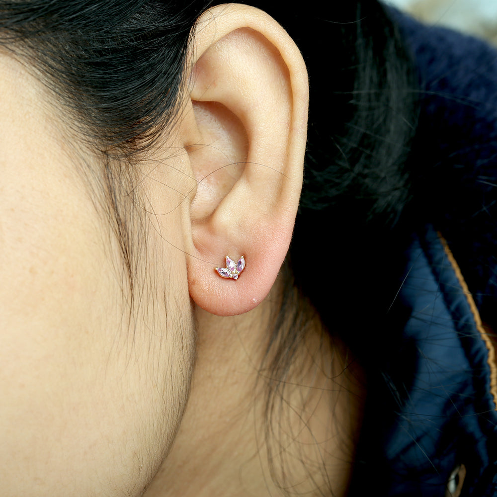 Pink Sapphire Marquise Lotus Stud Earrings in 14K Yellow Gold