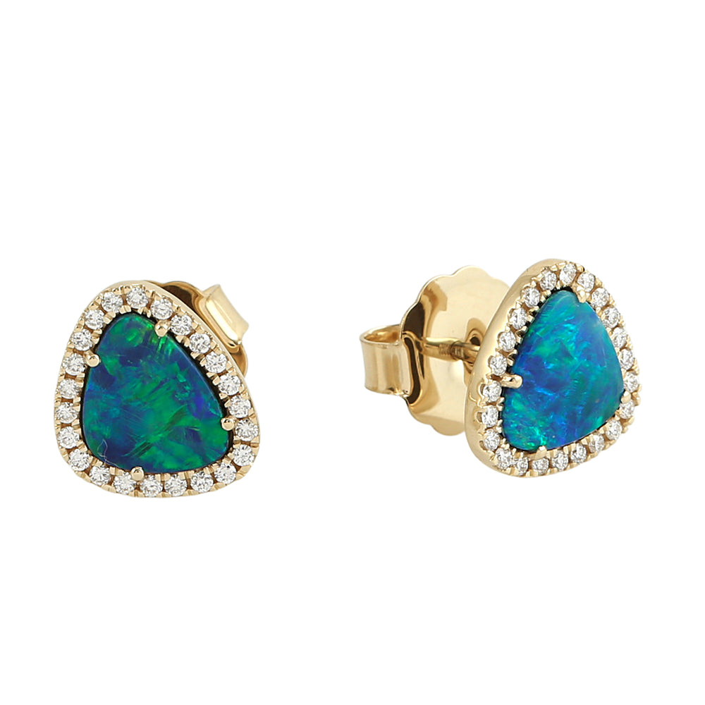 Doublet Opal & Diamond Halo Stud Earrings in 14K Yellow Gold