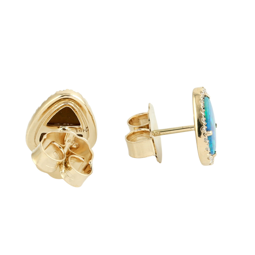 Doublet Opal & Diamond Halo Stud Earrings in 14K Yellow Gold