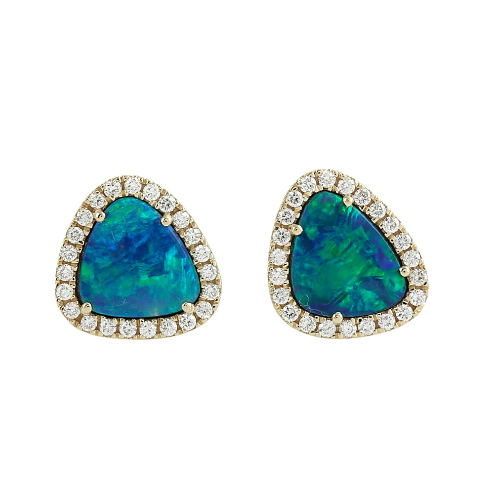 Doublet Opal & Diamond Halo Stud Earrings in 14K Yellow Gold