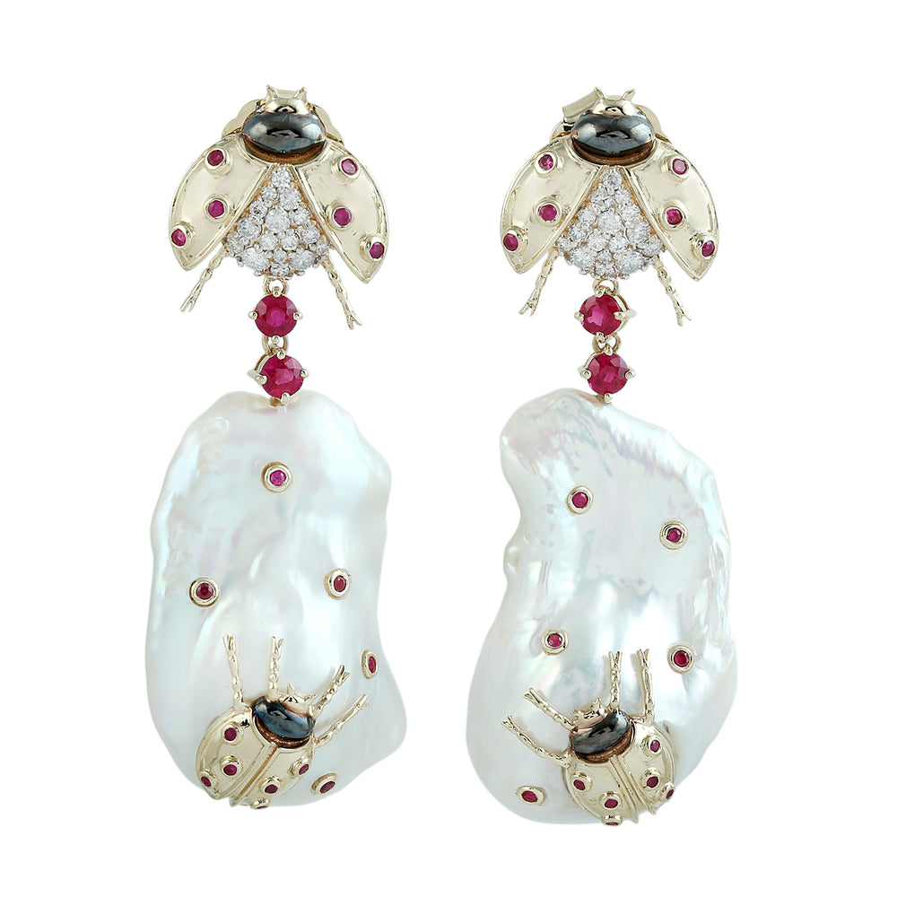 Pearl Chinese & Ruby Ladybug Diamond Dangle Earrings in 14K Yellow Gold