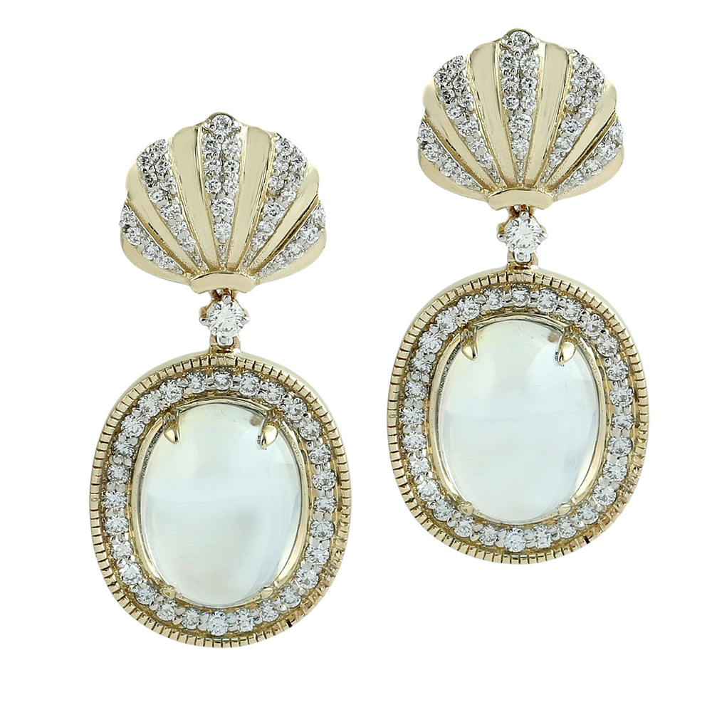 Moonstone & Diamond Shell Motif Drop Earrings in 14K Yellow Gold