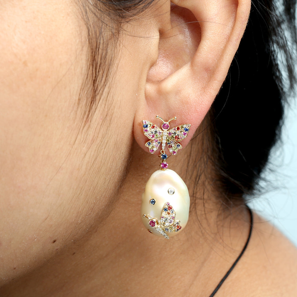 Multicolor Sapphire & Pearl Chinese Pave Diamond Butterfly Earrings in 18K Yellow Gold