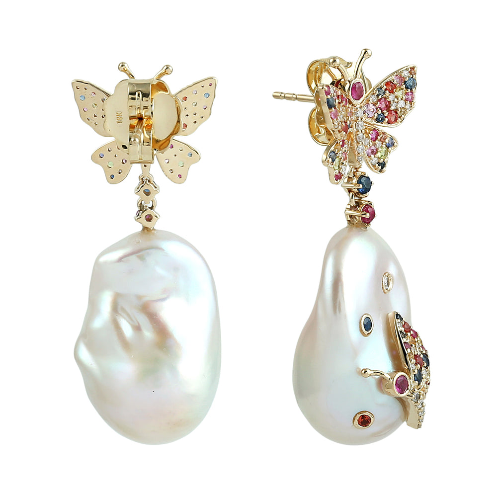 Multicolor Sapphire & Pearl Chinese Pave Diamond Butterfly Earrings in 18K Yellow Gold