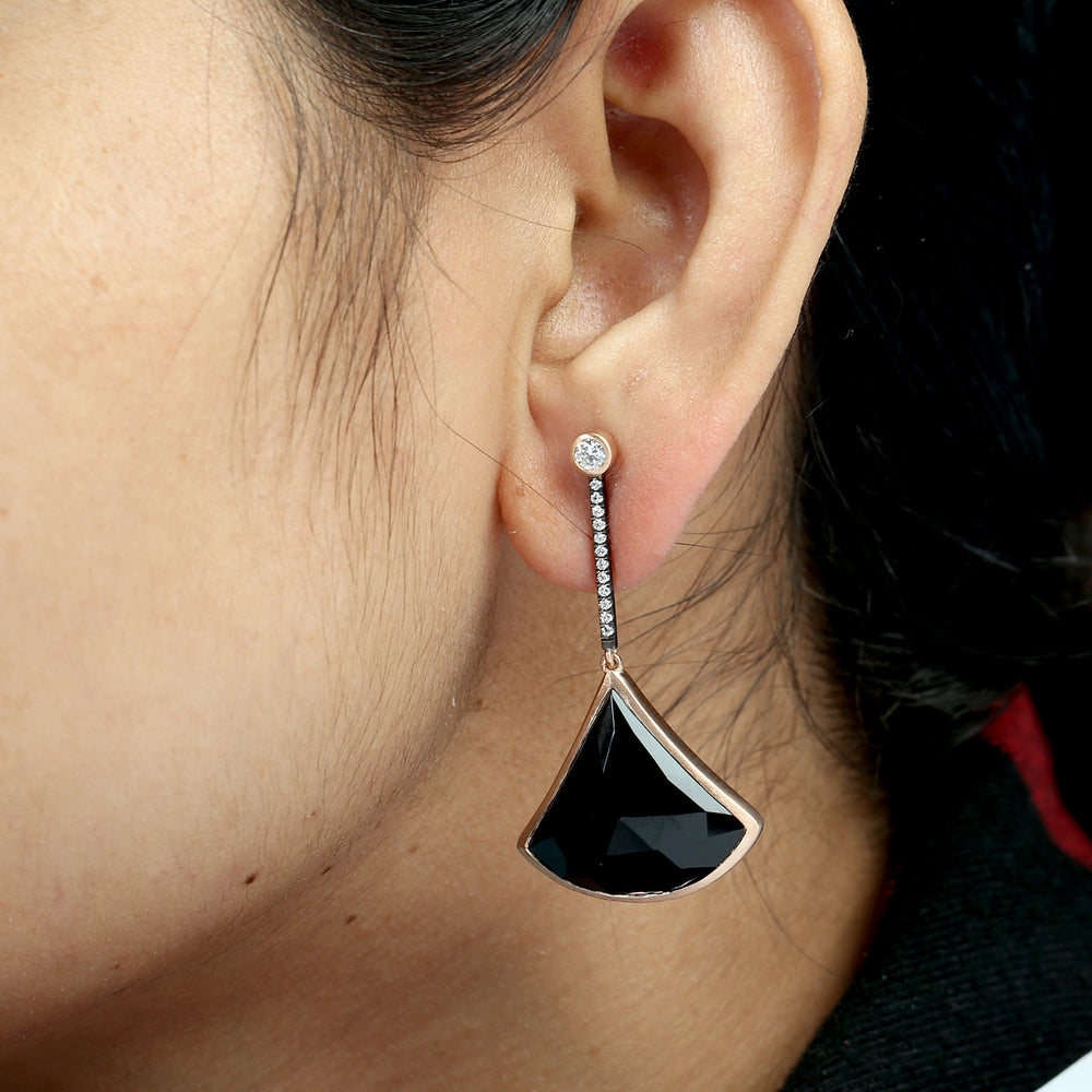 Black Onyx & Diamond Drop Earrings in 18K Rose Gold