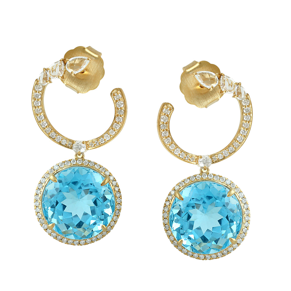 Blue Topaz & White Sapphire Diamond Halo Drop Earrings in 14K Yellow Gold