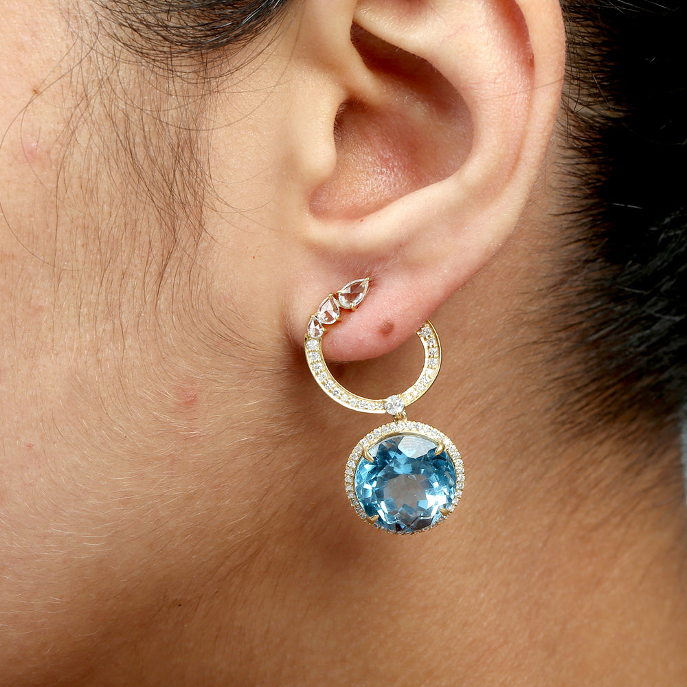 Blue Topaz & White Sapphire Diamond Halo Drop Earrings in 14K Yellow Gold