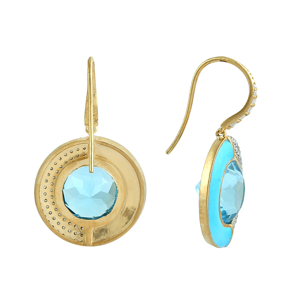 Turquoise Enamel & Blue Topaz Diamond Halo Drop Earrings in 14K Yellow Gold