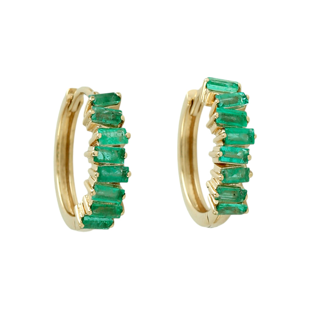 Baguette-Cut Emerald Gemstone Hoop Earrings in 18K Yellow Gold