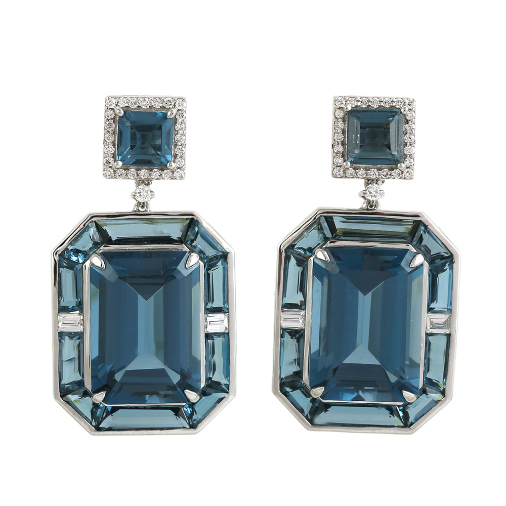 Octagon Cut London Blue Topaz Pave Diamond Designer Earrings in 18K White Gold