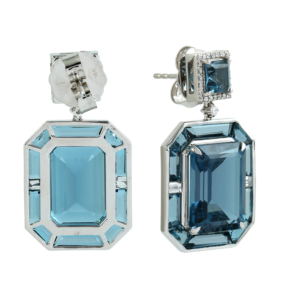 Octagon Cut London Blue Topaz Pave Diamond Designer Earrings in 18K White Gold