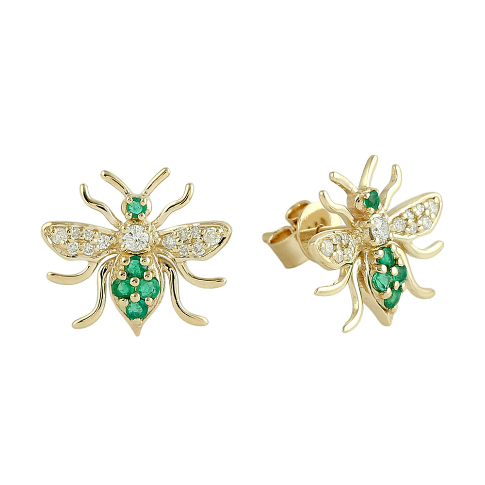 Emerald Pave Diamond Honey Bee Earrings in 14K Yellow Gold